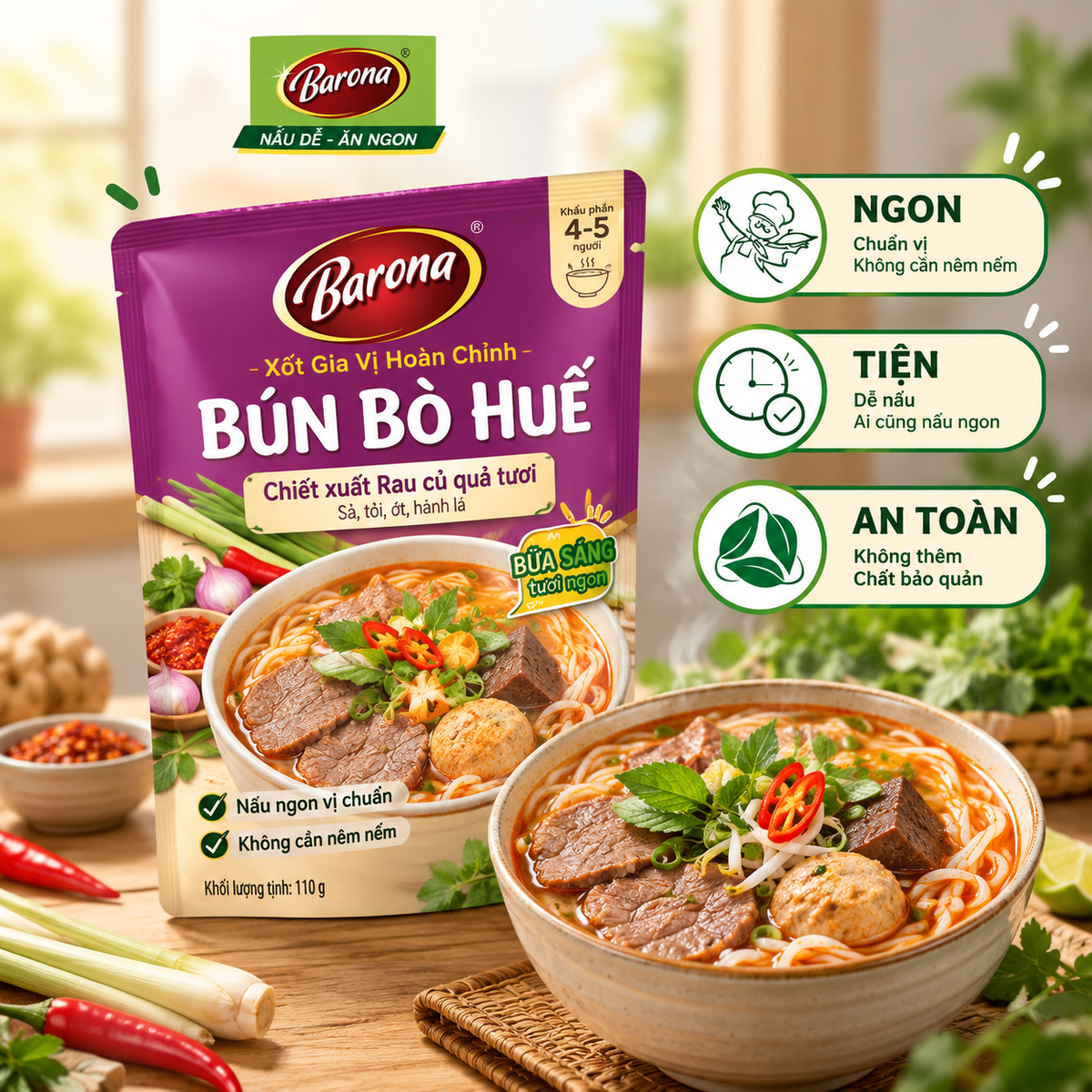 Gia Vị Bún Bò Huế Barona 110g ướp ngon chuẩn vị không cần nêm nếm