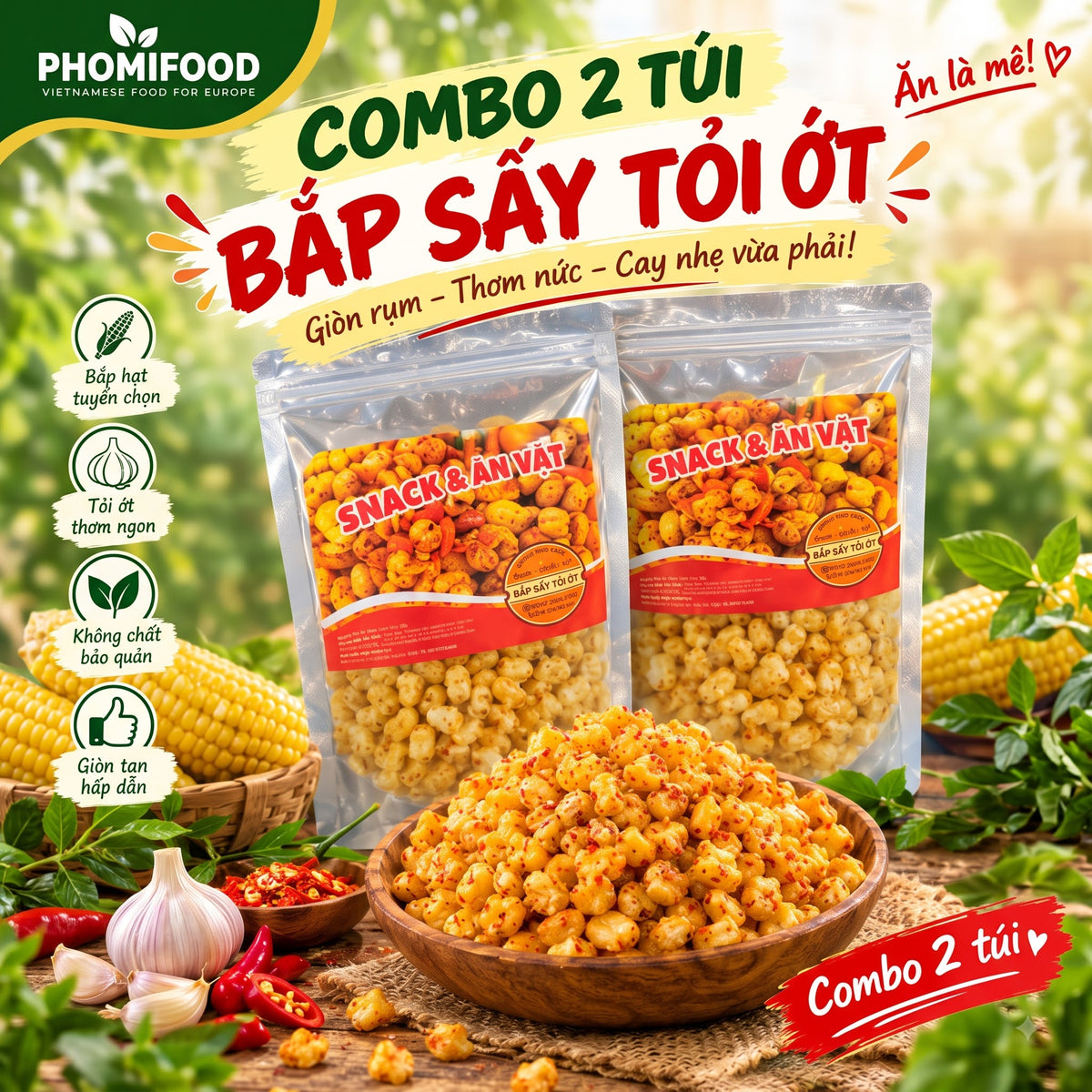 Bắp Sấy Tỏi Ớt 500g Bao Giòn Vừa Vị